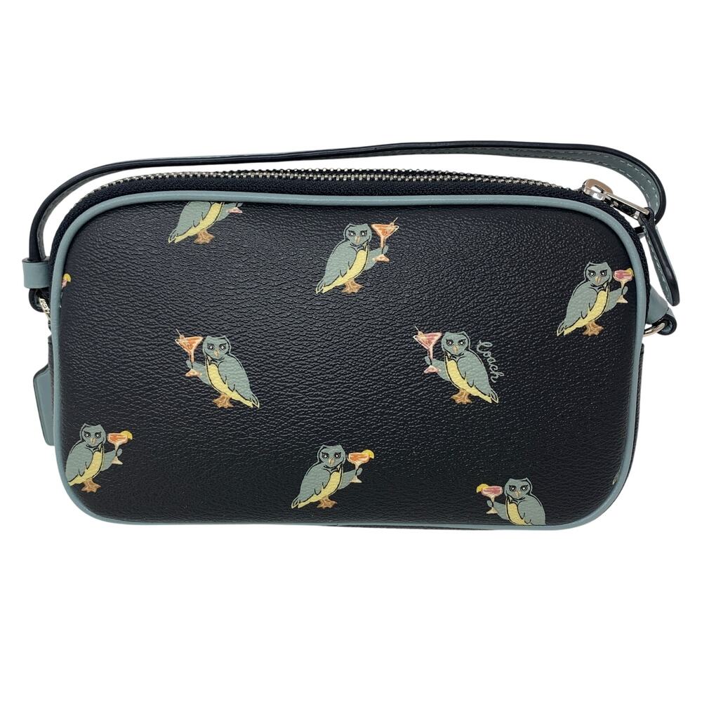 Coach Owl Toasting Martini Print Crossbody Purse Womens Black Blue Gray - Picture 3 of 7